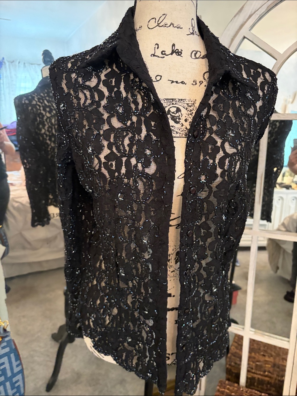 Black Lace Sequin Button-Down Shirt